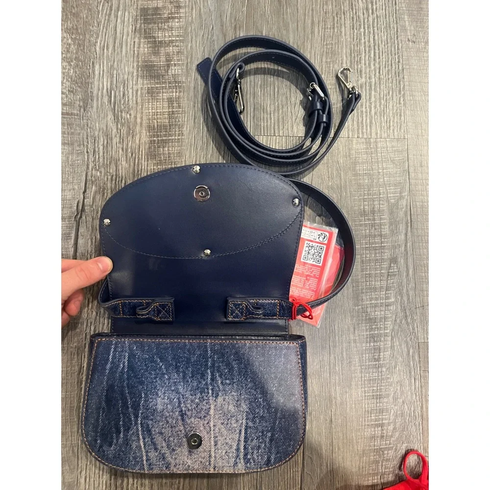 Diesel 1DR Denim Print Leather Shoulder Bag Blue Silver D Logo X08396 H7663